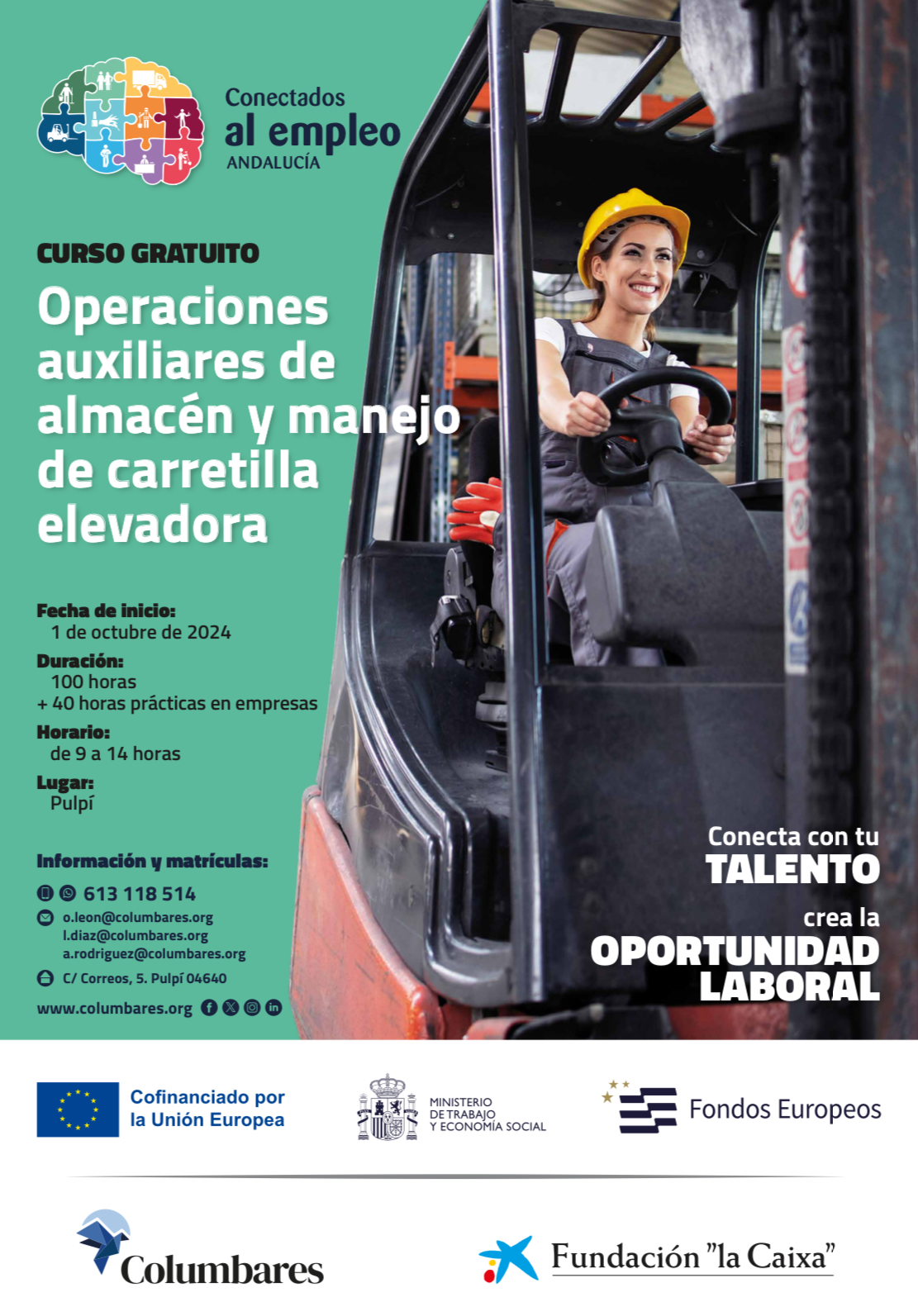 Curso gratuito de Operaciones auxiliares de almacén y manejo de carretilla elevadora (Organizado por Columbares y Fundación 